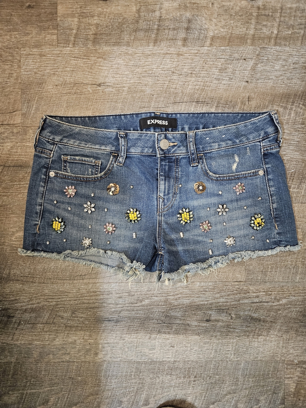 Express Blue Denim Embellished Frayed-Hem Shorts